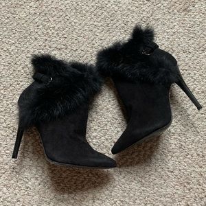 Alice + Olivia Suede & Fur Trim Stiletto Booties